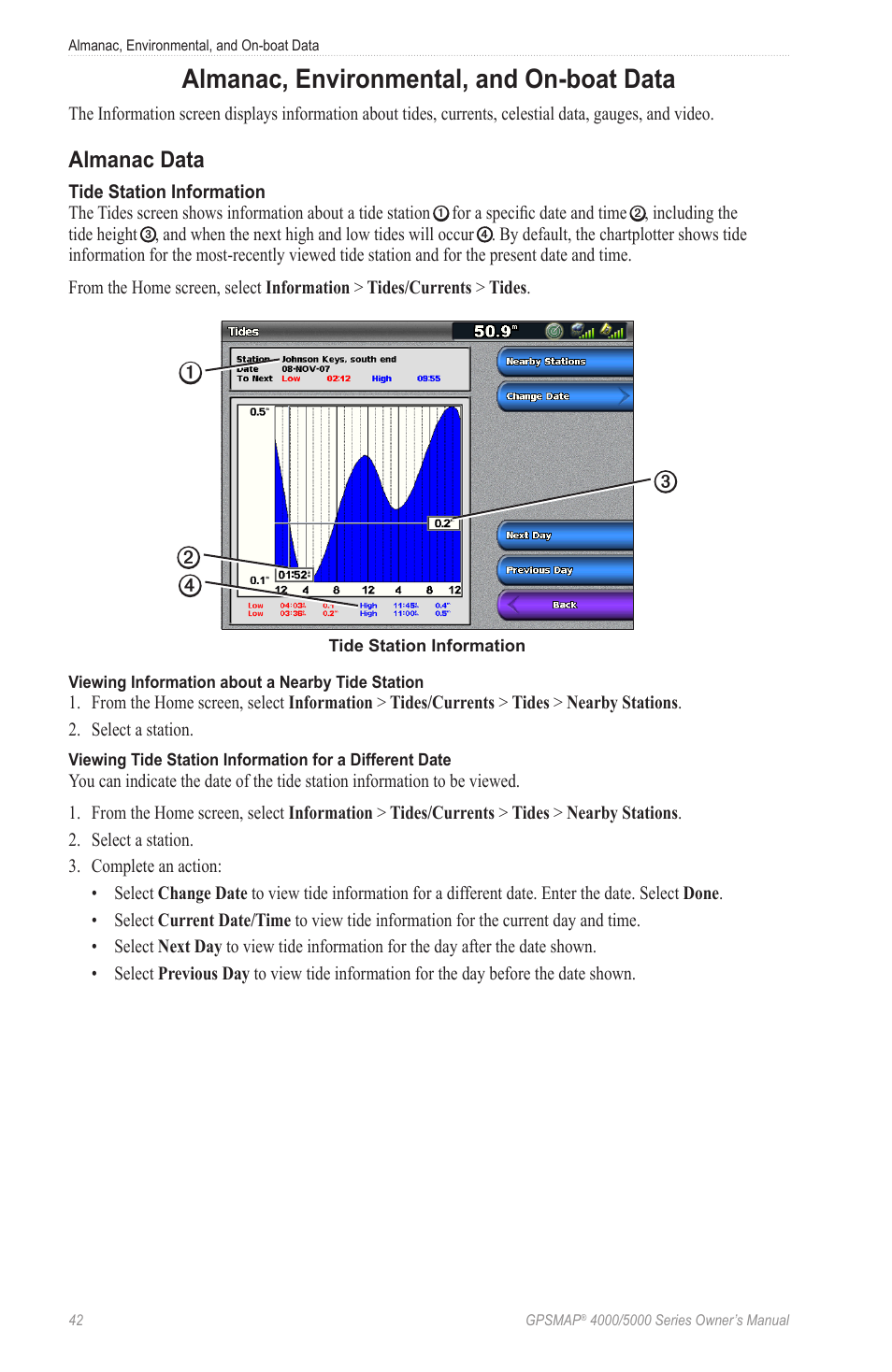 Almanac, environmental, and on-boat data, Almanac data, Almanac, environmental, and on-boat | Data, Other boats, gauges, and video, Ferent days | Garmin GPSMAP 5215 User Manual | Page 46 / 116