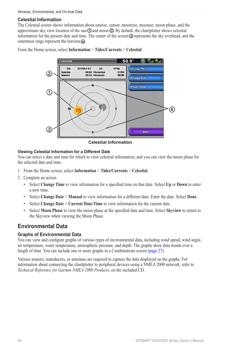 Environmental data, Celestial, Chart notes, or local | Garmin GPSMAP 5215 User Manual | Page 48 / 116