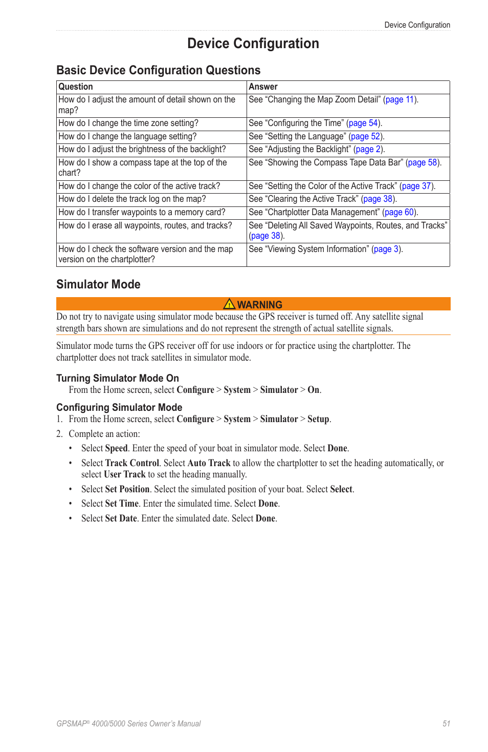 Device configuration, Basic device configuration questions, Simulator mode | And system | Garmin GPSMAP 5215 User Manual | Page 55 / 116