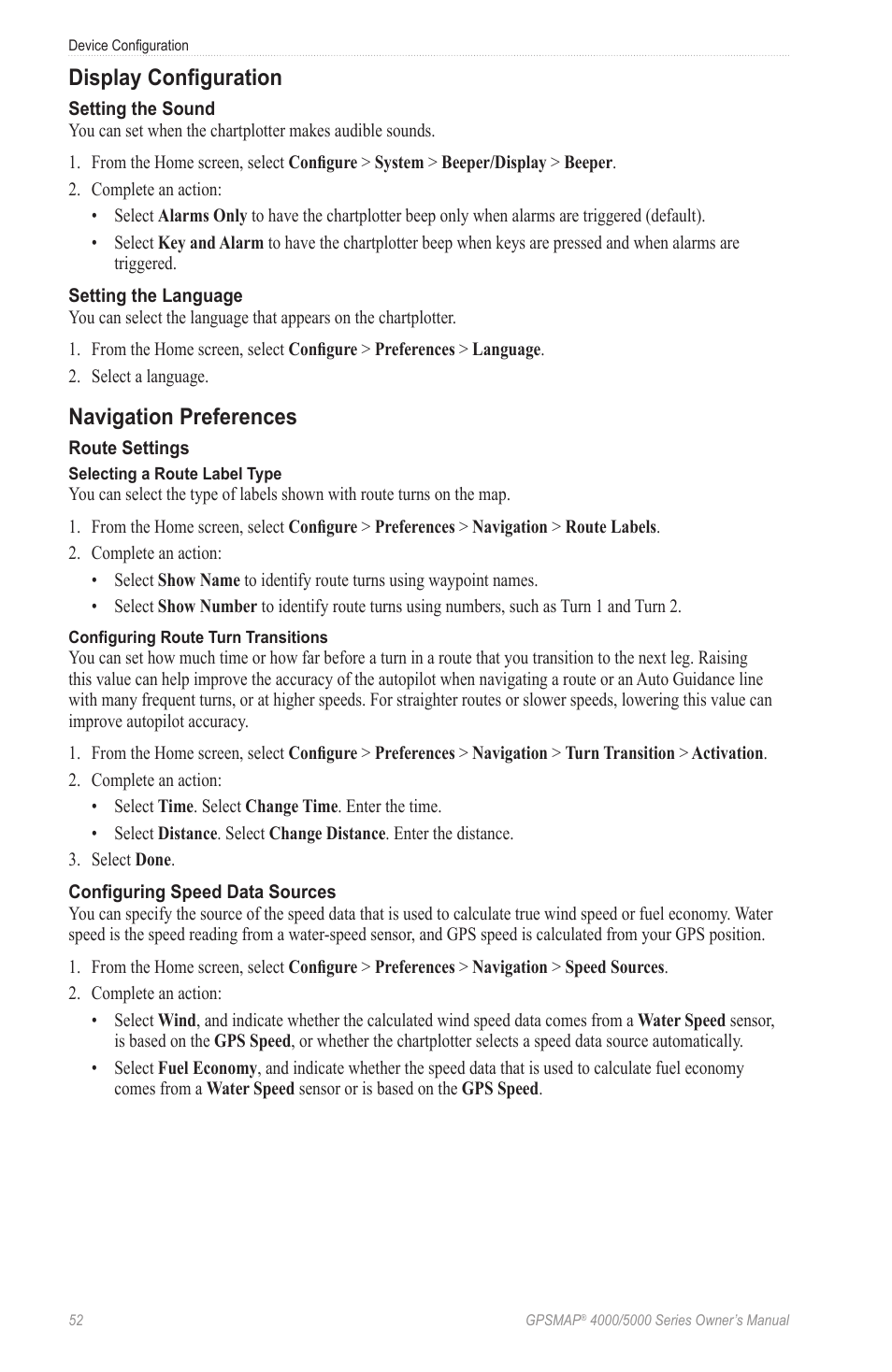 Display configuration, Navigation preferences | Garmin GPSMAP 5215 User Manual | Page 56 / 116