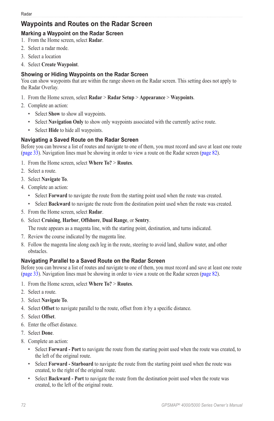 Waypoints and routes on the radar screen | Garmin GPSMAP 5215 User Manual | Page 76 / 116