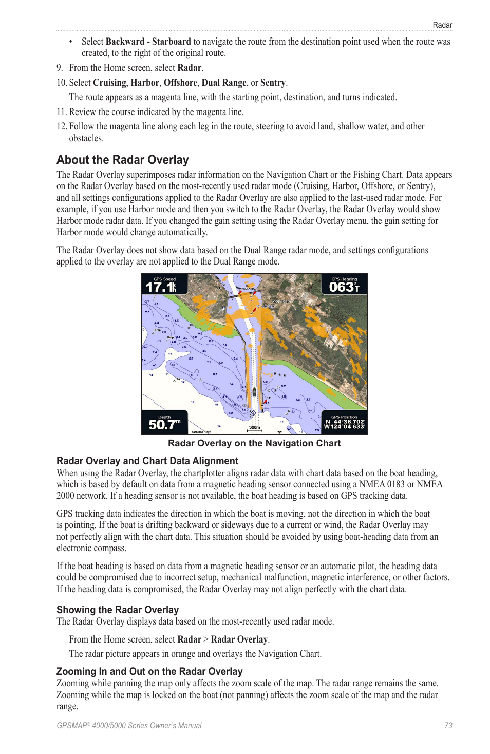 About the radar overlay, Ishing chart | Garmin GPSMAP 5215 User Manual | Page 77 / 116