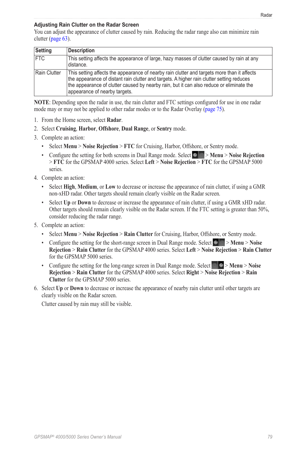 Adjust the rain clutter and ftc settings manually | Garmin GPSMAP 5215 User Manual | Page 83 / 116