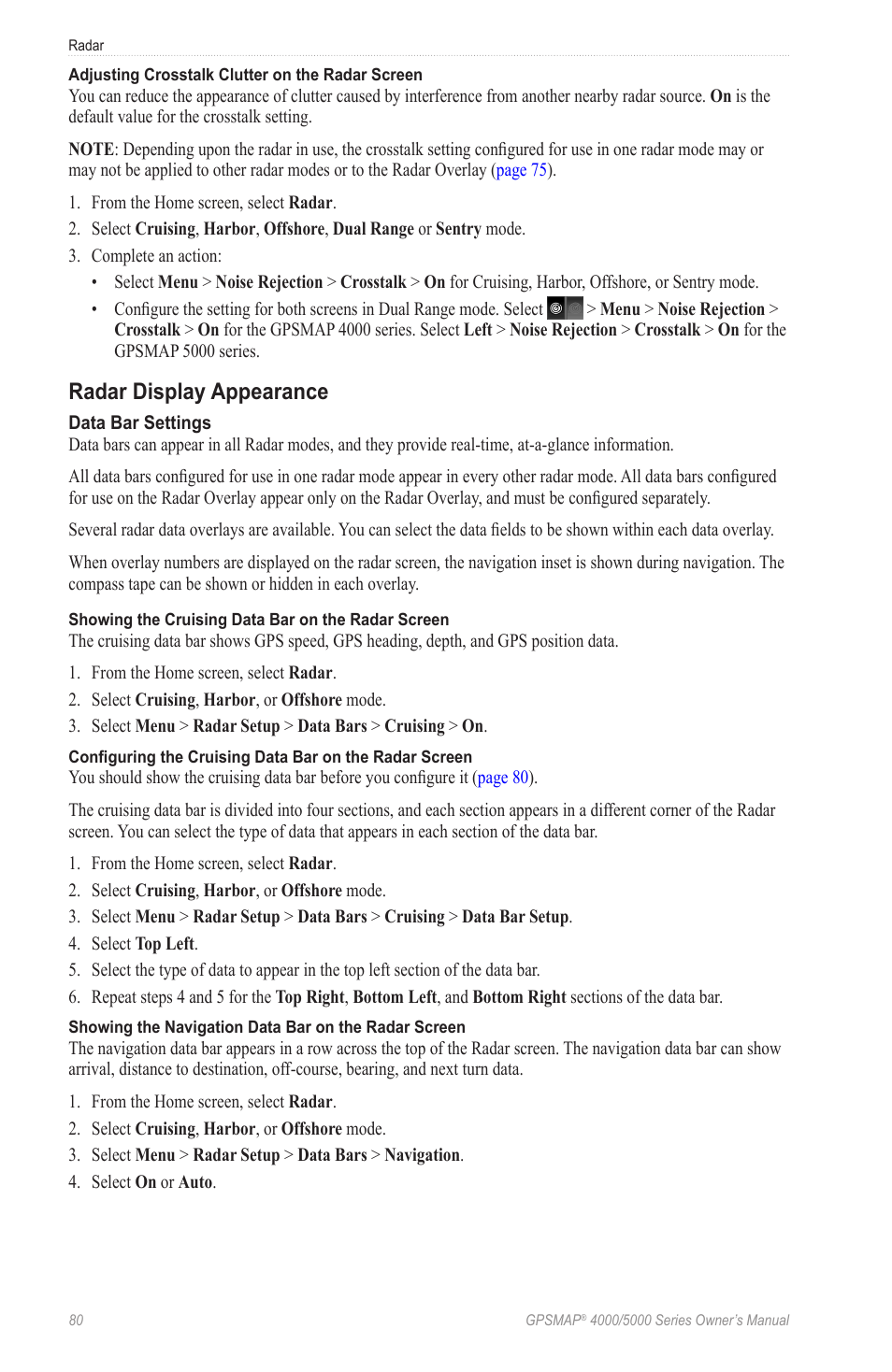 Radar display appearance, Restore the default value of the crosstalk setting, Adjusting crosstalk clutter on the radar screen | Garmin GPSMAP 5215 User Manual | Page 84 / 116