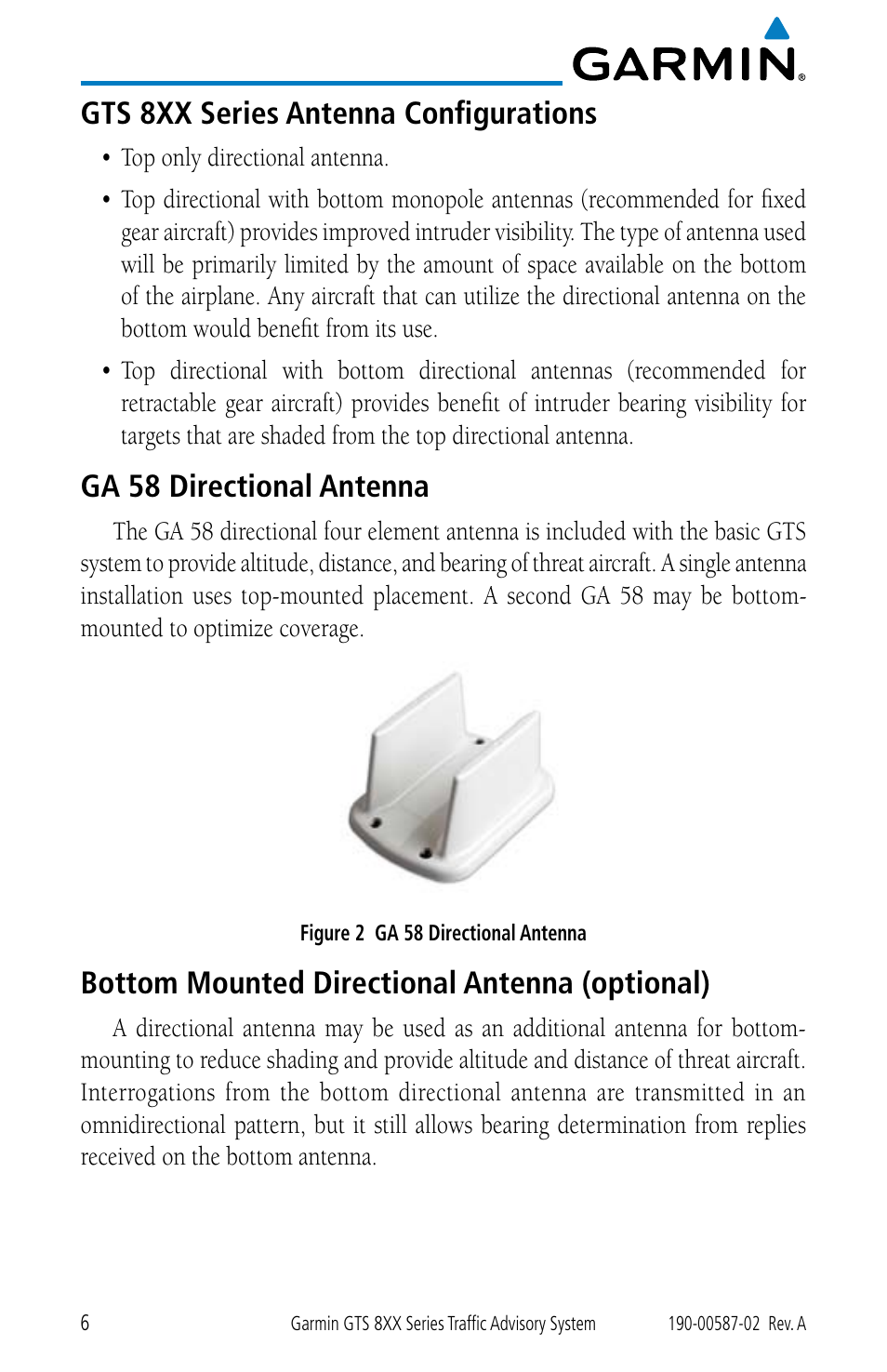 Gts 8xx series antenna configurations, Ga 58 directional antenna, Bottom mounted directional antenna (optional) | Garmin GTS 855 User Manual | Page 10 / 26