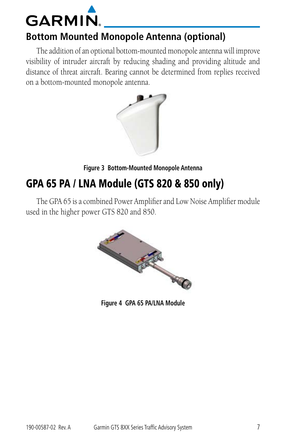 Bottom mounted monopole antenna (optional), Gpa 65 pa / lna module (gts 820 & 850 only) | Garmin GTS 855 User Manual | Page 11 / 26