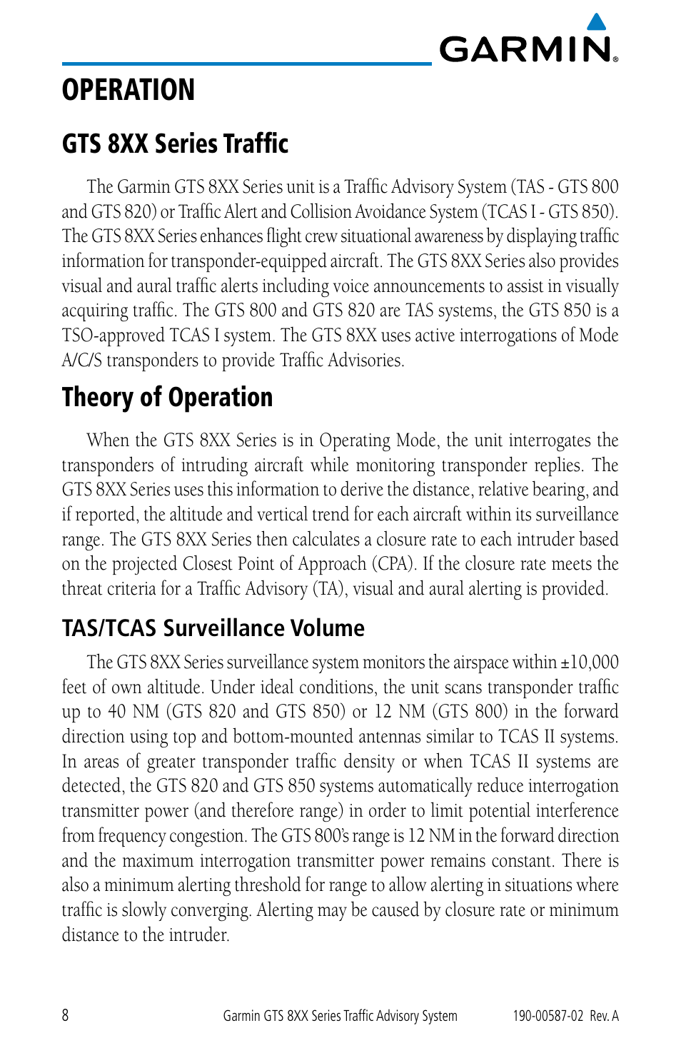 Operation, Gts 8xx series traffic, Theory of operation | Tas/tcas surveillance volume, Gts 8xx series traffic theory of operation | Garmin GTS 855 User Manual | Page 12 / 26
