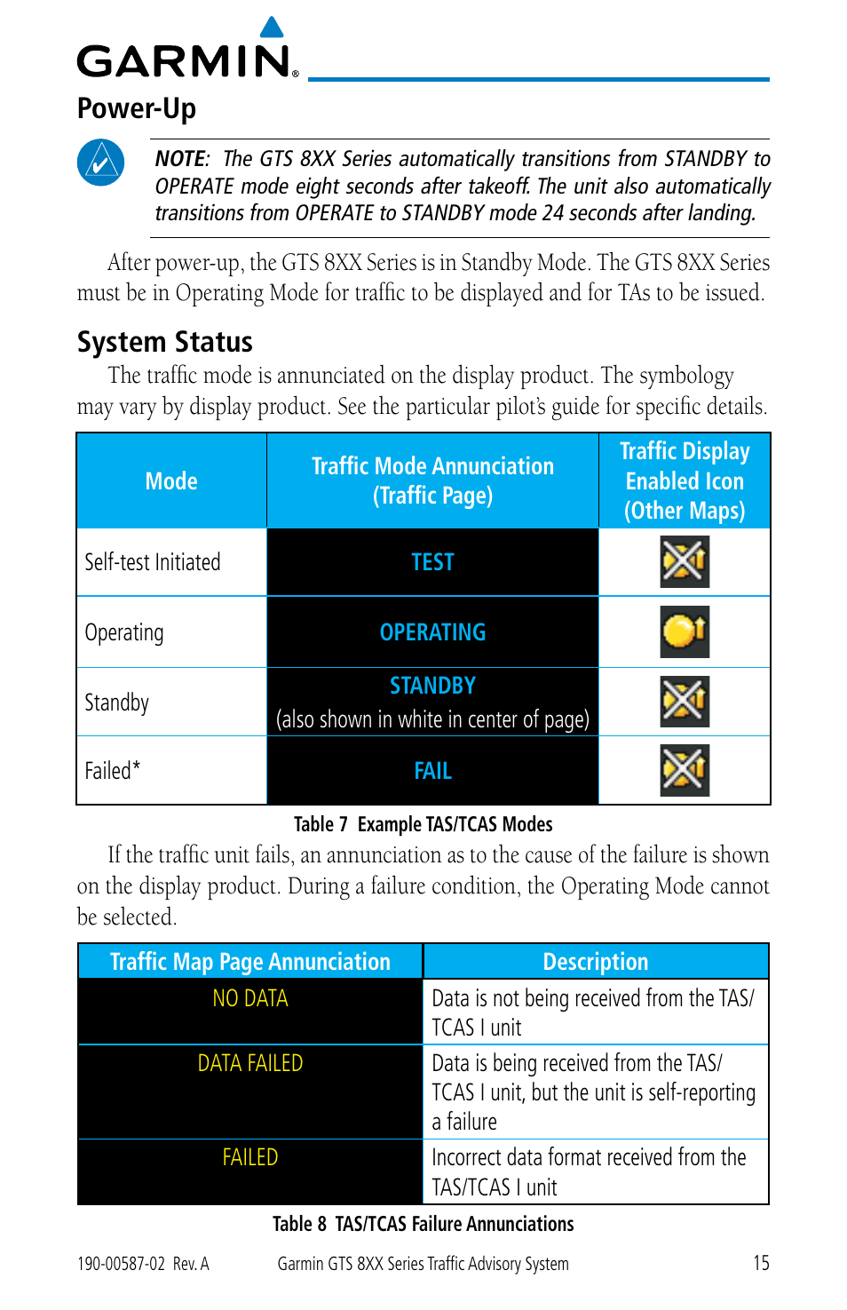 Power-up, System status, Power-up system status | Garmin GTS 855 User Manual | Page 19 / 26