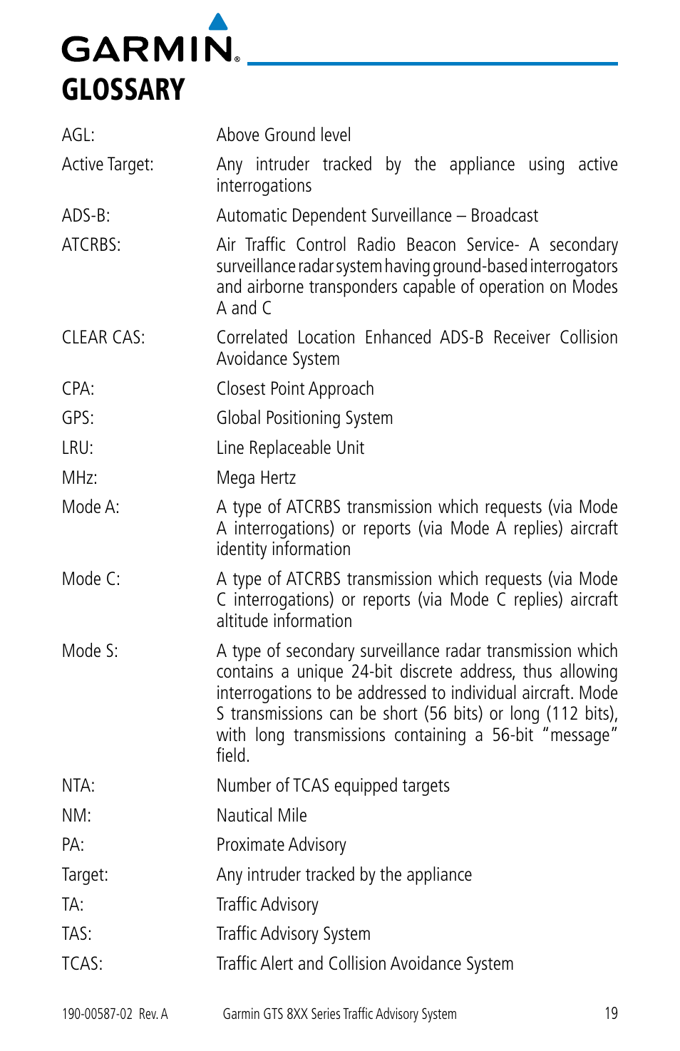 Glossary | Garmin GTS 855 User Manual | Page 23 / 26