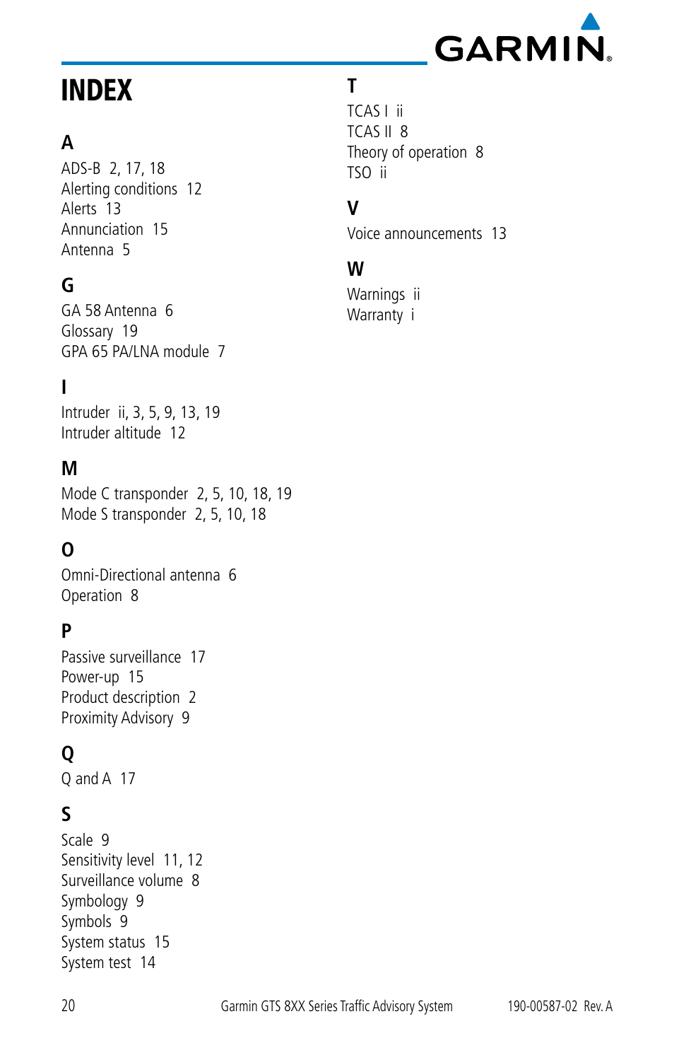 Index | Garmin GTS 855 User Manual | Page 24 / 26