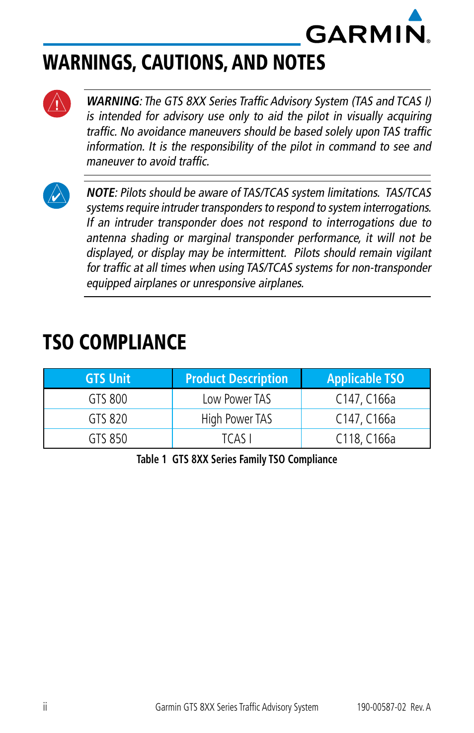 Warnings, cautions, and notes, Tso compliance | Garmin GTS 855 User Manual | Page 4 / 26