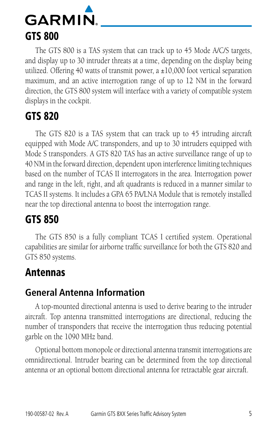 Gts 800, Gts 820, Gts 850 | Antennas, General antenna information, Gts 800 gts 820 gts 850 antennas | Garmin GTS 855 User Manual | Page 9 / 26