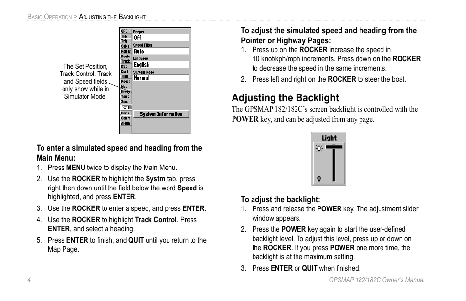 Adjusting the backlight | Garmin GPSMAP 182C User Manual | Page 10 / 126