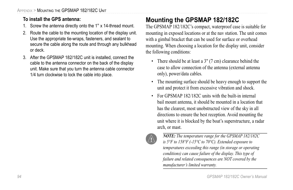 Mounting the gpsmap 182/182c | Garmin GPSMAP 182C User Manual | Page 100 / 126