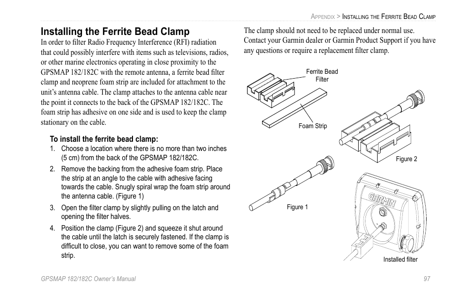 Installing the ferrite bead clamp | Garmin GPSMAP 182C User Manual | Page 103 / 126