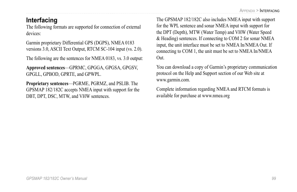 Interfacing | Garmin GPSMAP 182C User Manual | Page 105 / 126