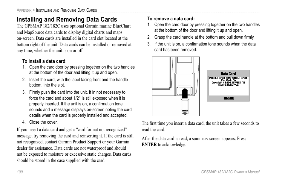 Installing and removing data cards | Garmin GPSMAP 182C User Manual | Page 106 / 126