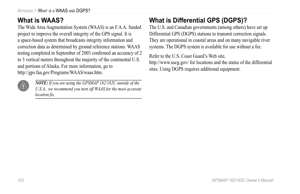 What is waas, What is differential gps (dgps) | Garmin GPSMAP 182C User Manual | Page 108 / 126