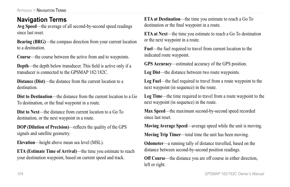 Navigation terms | Garmin GPSMAP 182C User Manual | Page 110 / 126