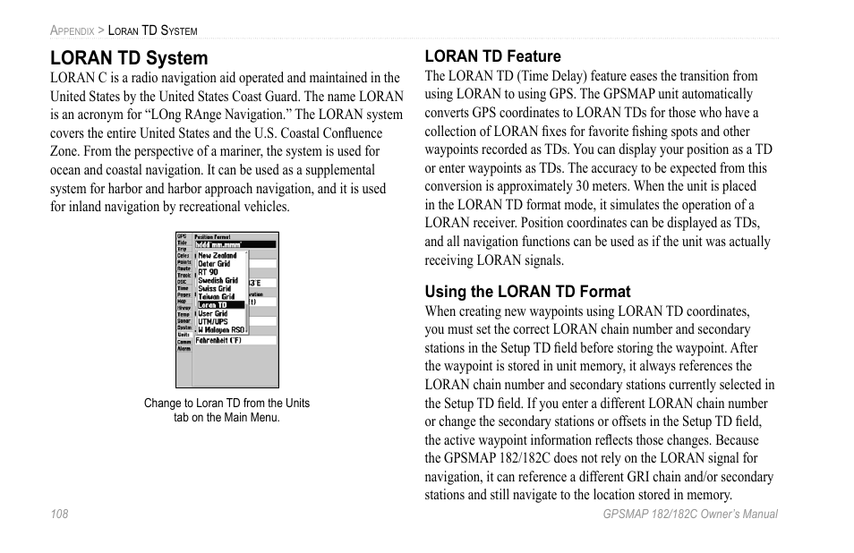 Loran td system | Garmin GPSMAP 182C User Manual | Page 114 / 126