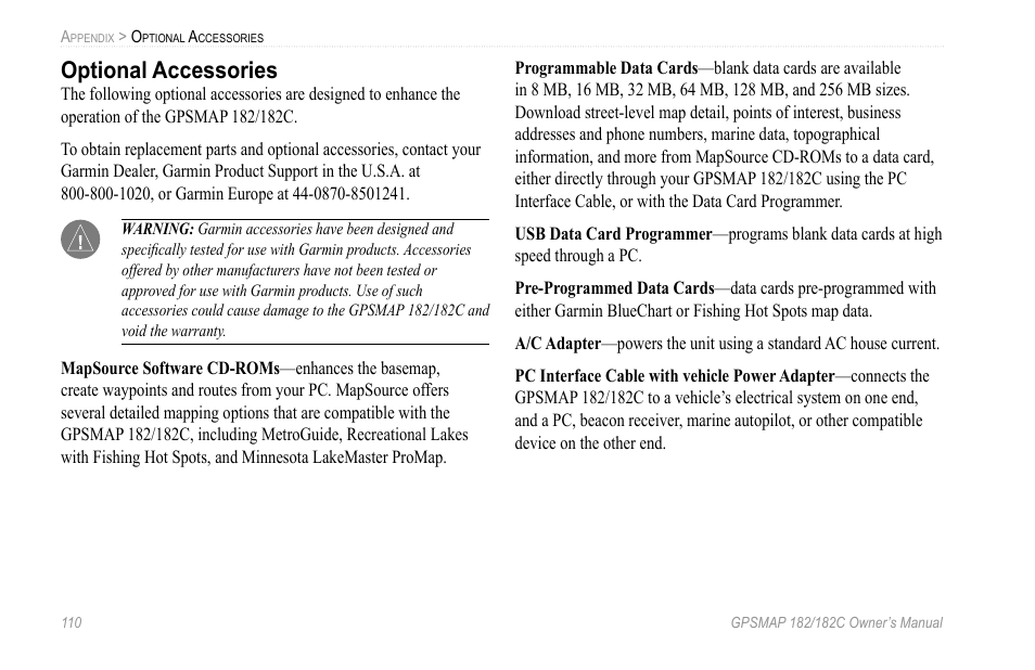 Optional accessories | Garmin GPSMAP 182C User Manual | Page 116 / 126