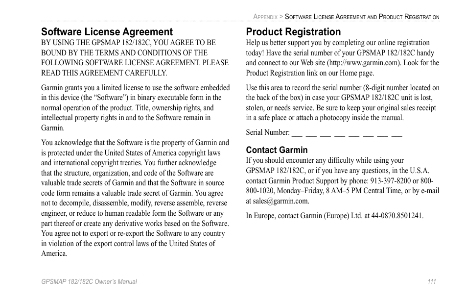 Software license agreement, Product registration | Garmin GPSMAP 182C User Manual | Page 117 / 126