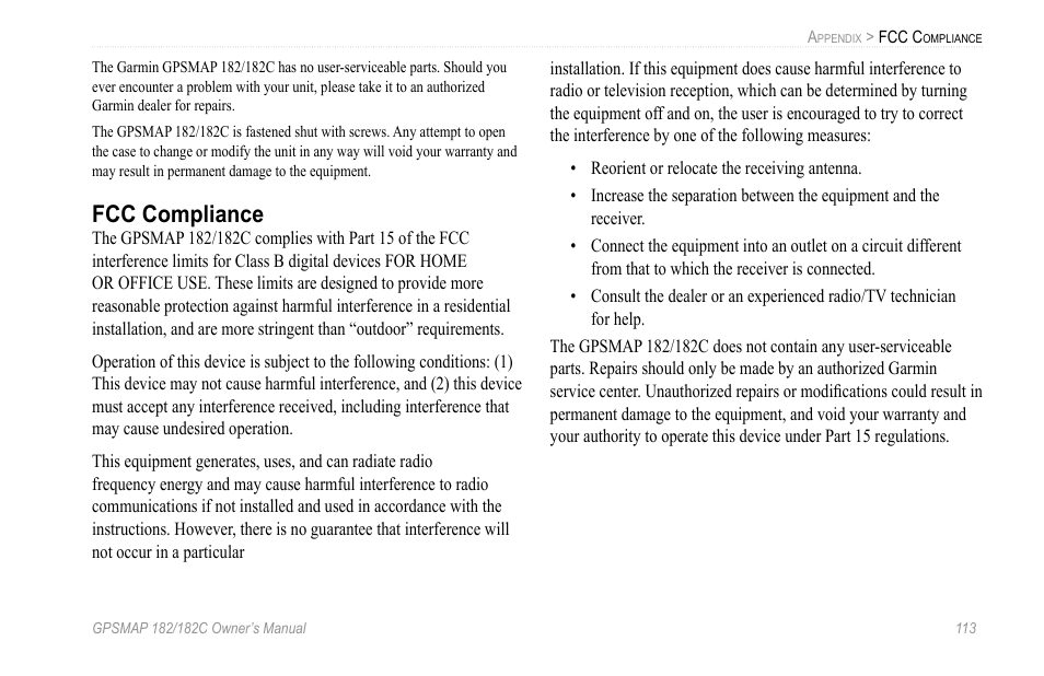 Fcc compliance | Garmin GPSMAP 182C User Manual | Page 119 / 126