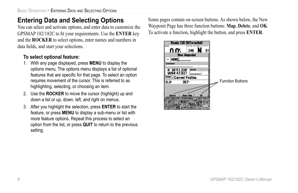 Entering data and selecting options | Garmin GPSMAP 182C User Manual | Page 12 / 126