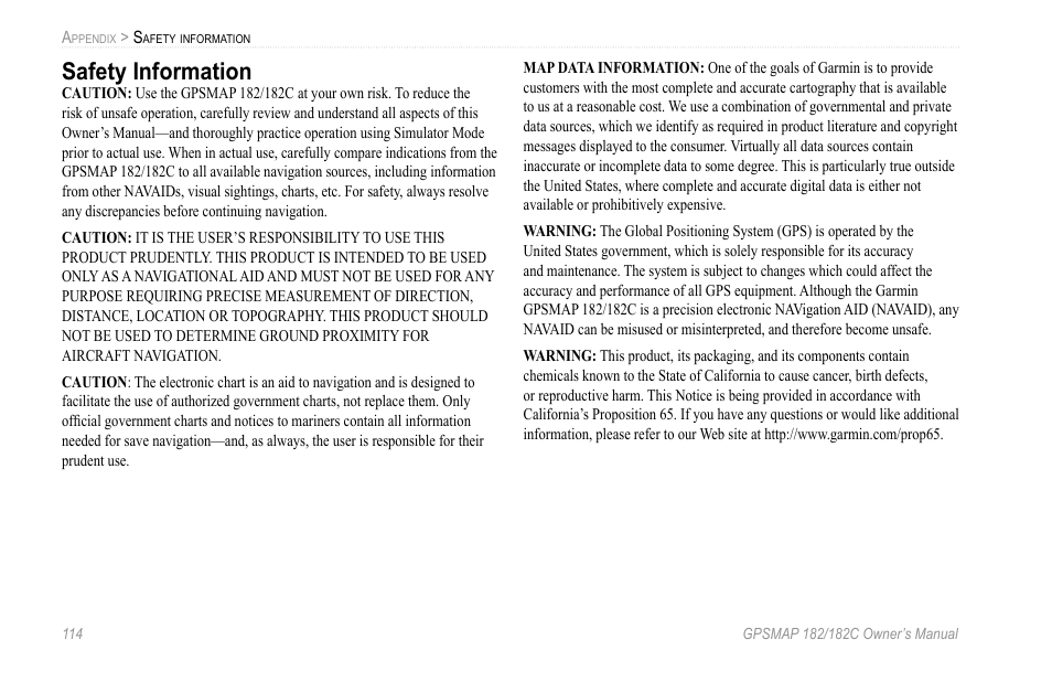 Safety information | Garmin GPSMAP 182C User Manual | Page 120 / 126