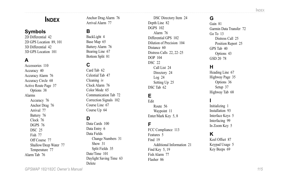 Index, Ndex | Garmin GPSMAP 182C User Manual | Page 121 / 126