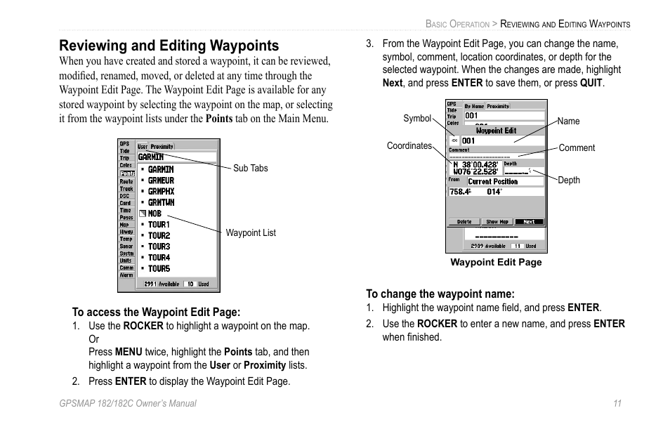 Reviewing and editing waypoints | Garmin GPSMAP 182C User Manual | Page 17 / 126