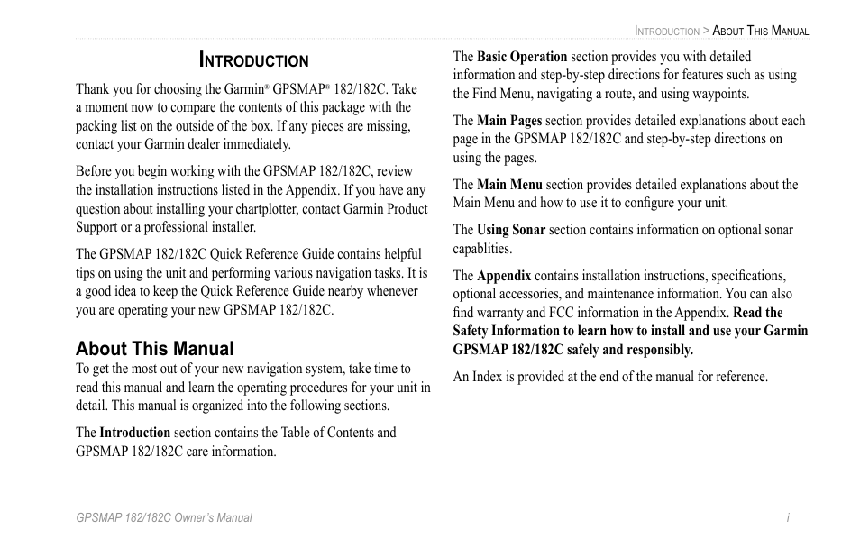Introduction, About this manual | Garmin GPSMAP 182C User Manual | Page 3 / 126