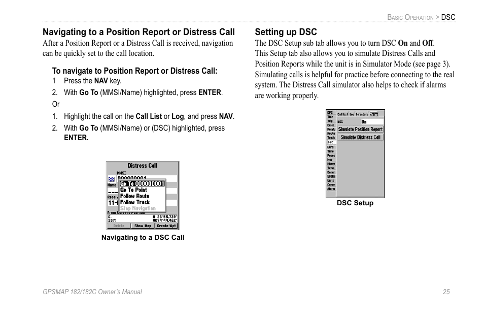 Navigating to a position report or distress call, Setting up dsc | Garmin GPSMAP 182C User Manual | Page 31 / 126