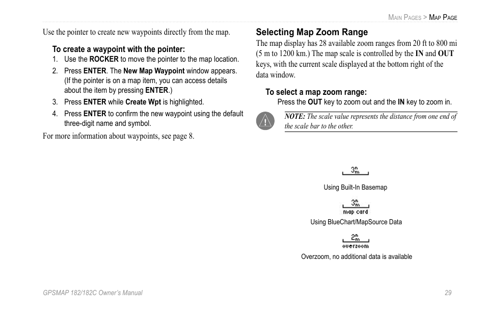 Selecting map zoom range | Garmin GPSMAP 182C User Manual | Page 35 / 126