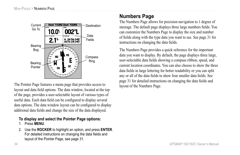 Numbers page | Garmin GPSMAP 182C User Manual | Page 40 / 126