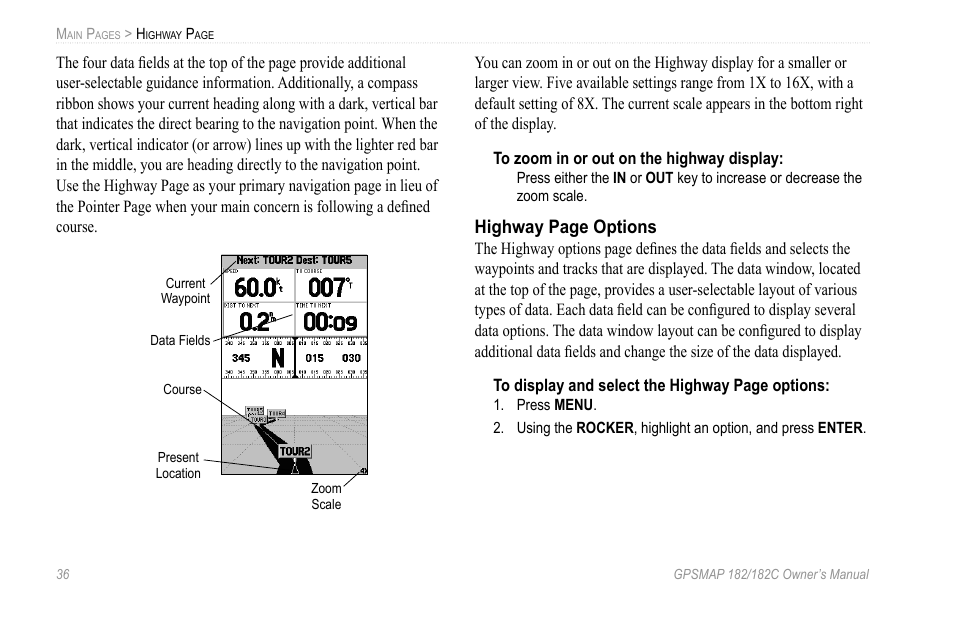 Highway page options | Garmin GPSMAP 182C User Manual | Page 42 / 126