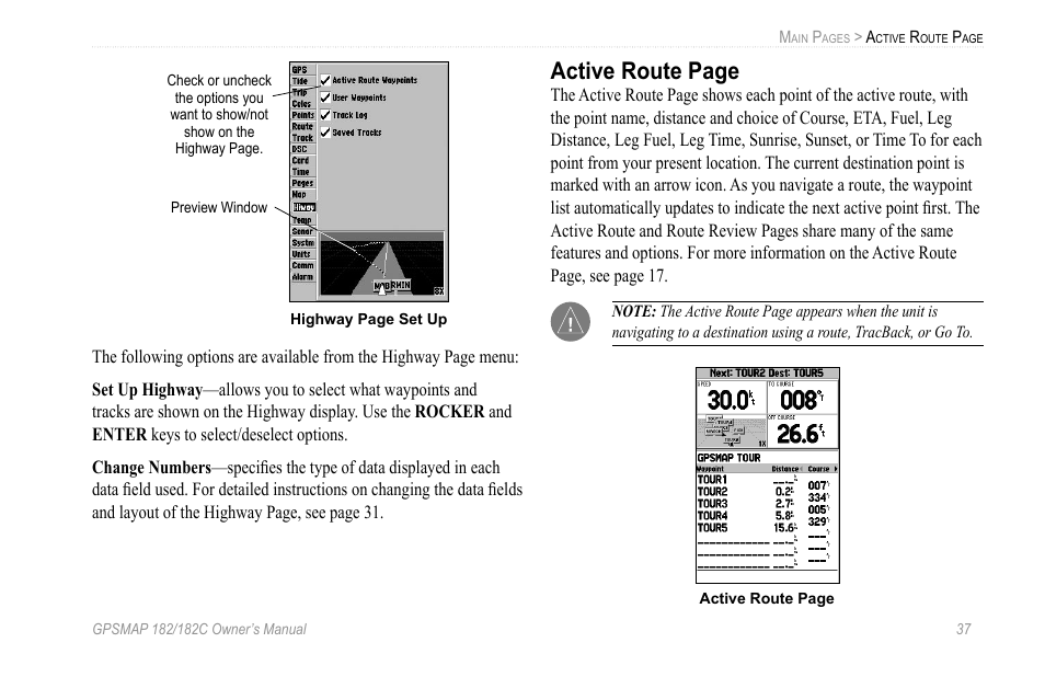 Active route page | Garmin GPSMAP 182C User Manual | Page 43 / 126