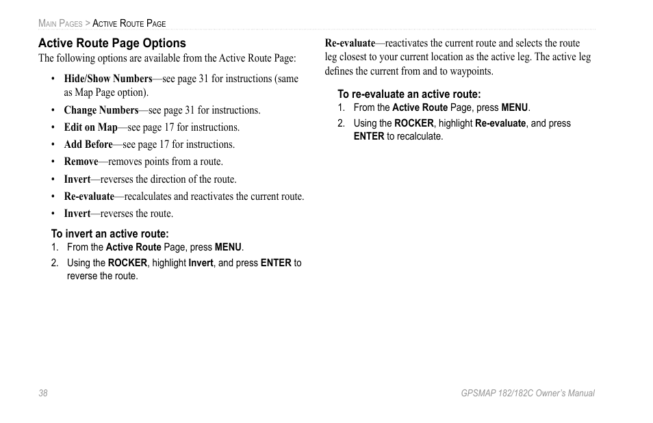 Active route page options | Garmin GPSMAP 182C User Manual | Page 44 / 126