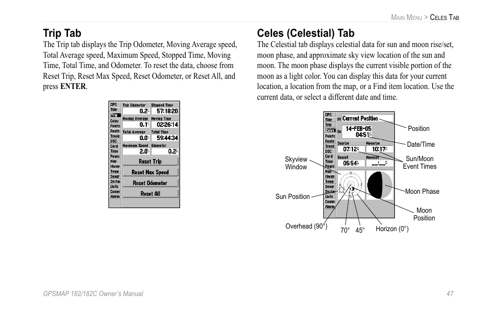 Trip tab, Celes (celestial) tab | Garmin GPSMAP 182C User Manual | Page 53 / 126