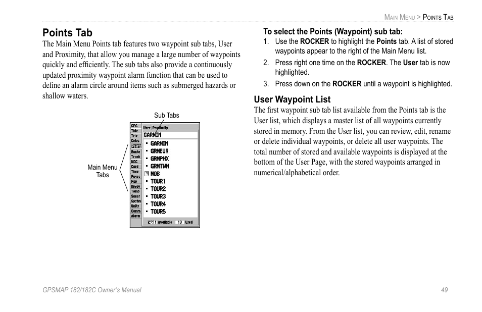 Points tab | Garmin GPSMAP 182C User Manual | Page 55 / 126