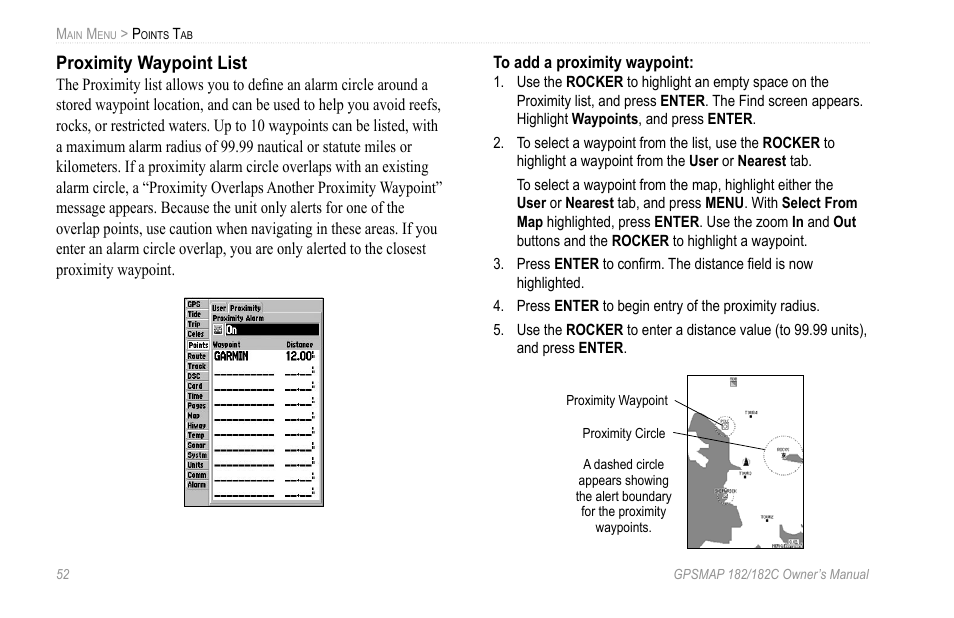 Proximity waypoint list | Garmin GPSMAP 182C User Manual | Page 58 / 126