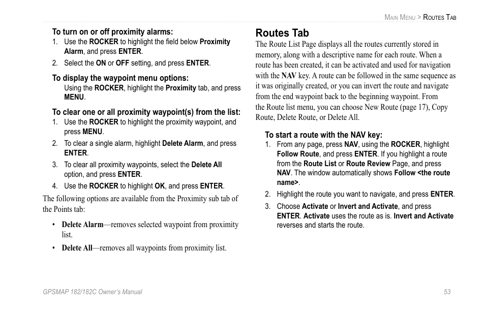 Routes tab | Garmin GPSMAP 182C User Manual | Page 59 / 126