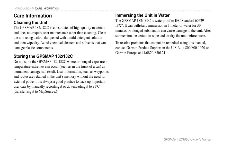 Care information | Garmin GPSMAP 182C User Manual | Page 6 / 126