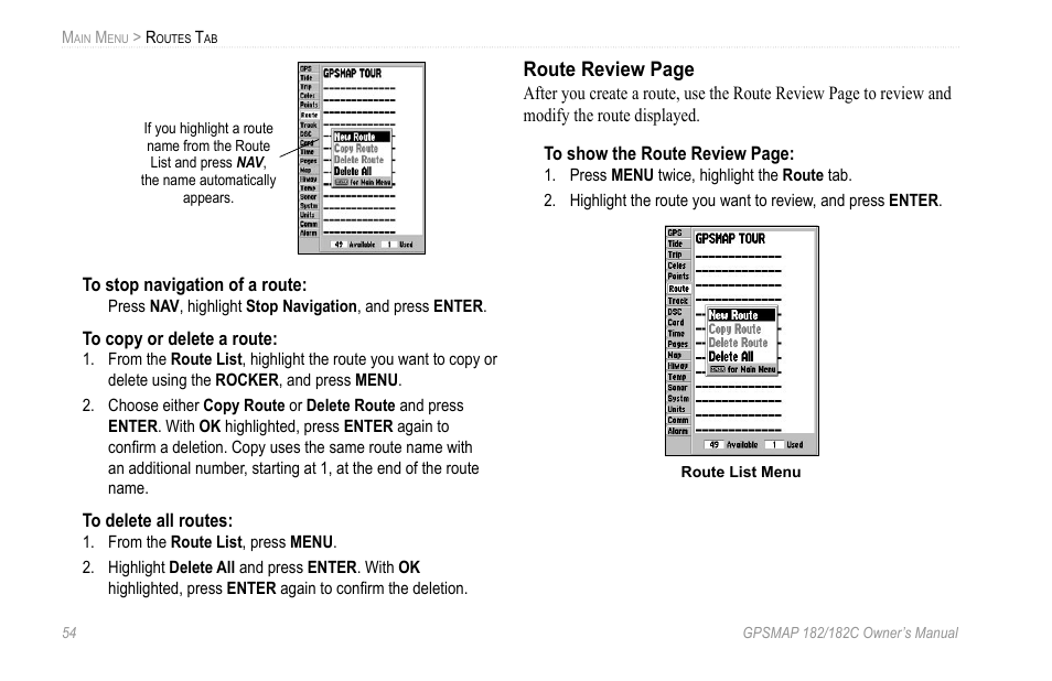 Route review page | Garmin GPSMAP 182C User Manual | Page 60 / 126