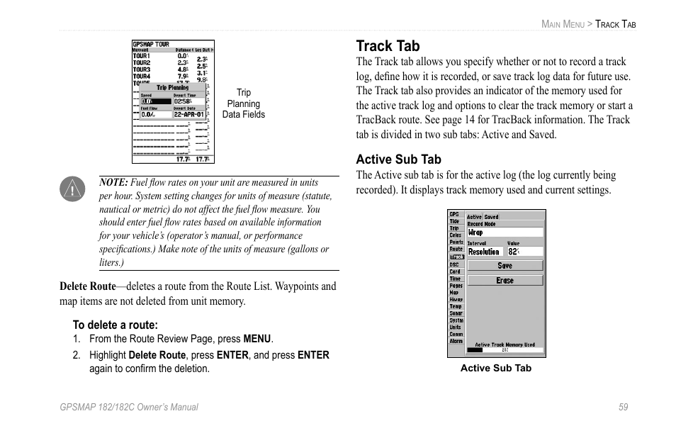 Track tab, Active sub tab | Garmin GPSMAP 182C User Manual | Page 65 / 126