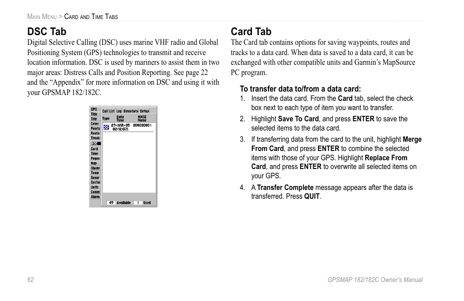 Dsc tab, Card tab | Garmin GPSMAP 182C User Manual | Page 68 / 126