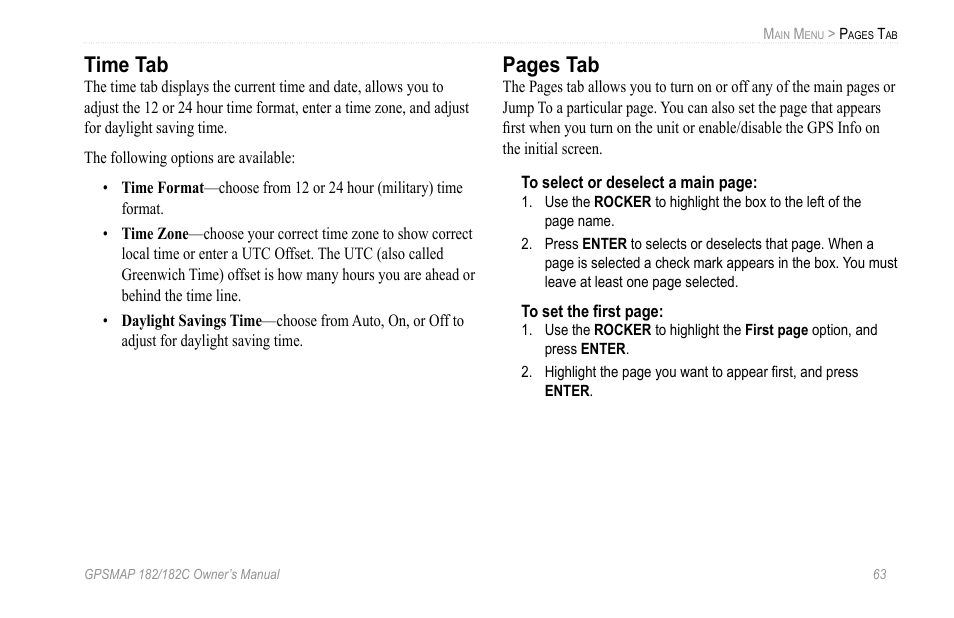 Time tab, Pages tab | Garmin GPSMAP 182C User Manual | Page 69 / 126