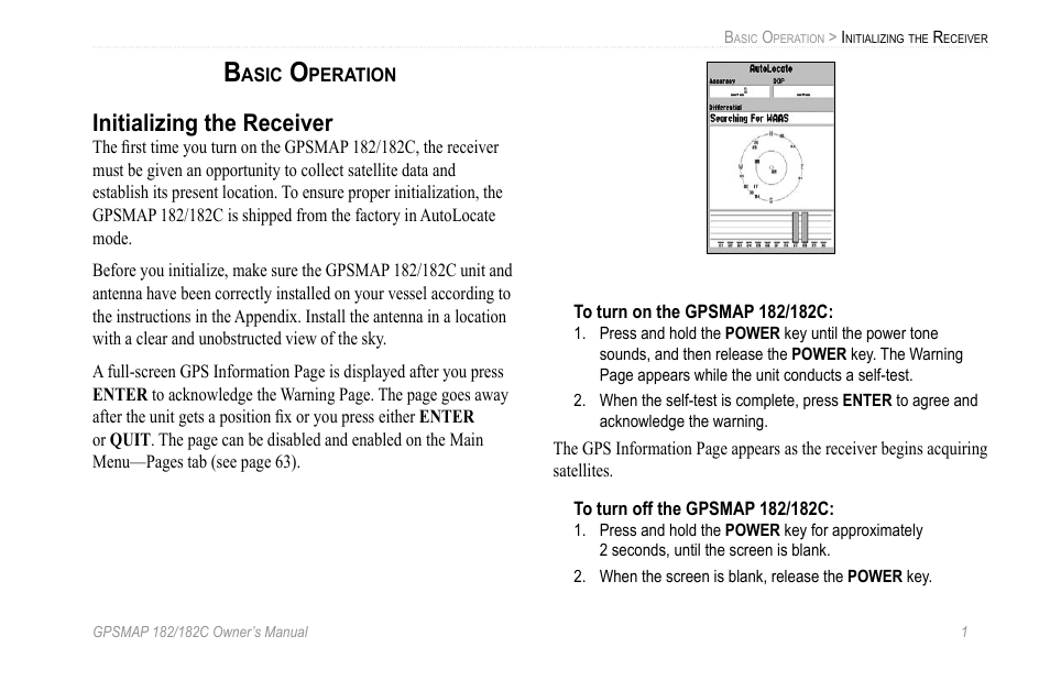 Basic operation, Initializing the receiver | Garmin GPSMAP 182C User Manual | Page 7 / 126