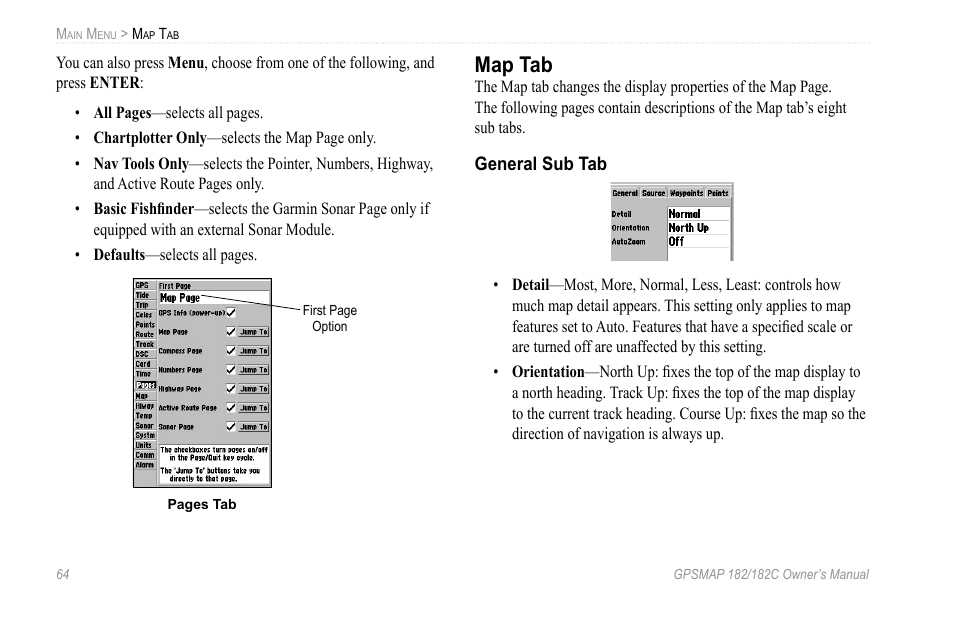 Map tab, General sub tab | Garmin GPSMAP 182C User Manual | Page 70 / 126