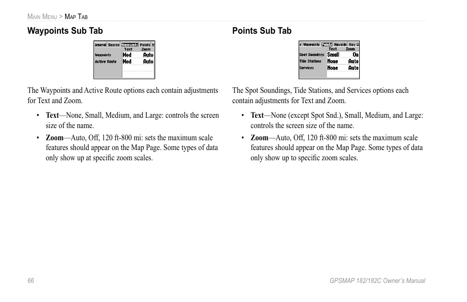 Waypoints sub tab, Points sub tab | Garmin GPSMAP 182C User Manual | Page 72 / 126